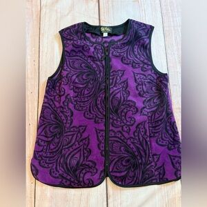 Bob Mackie Purple floral paisley fleece full zip vest pockets Size Small Vintage